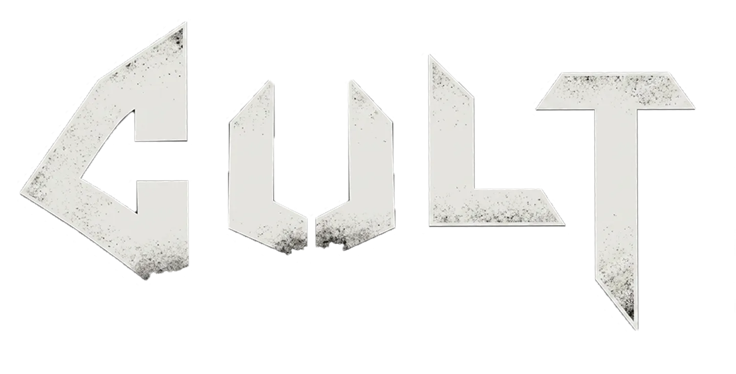 The Cult placement print: hand-drawn letterforms with a distressed edge
