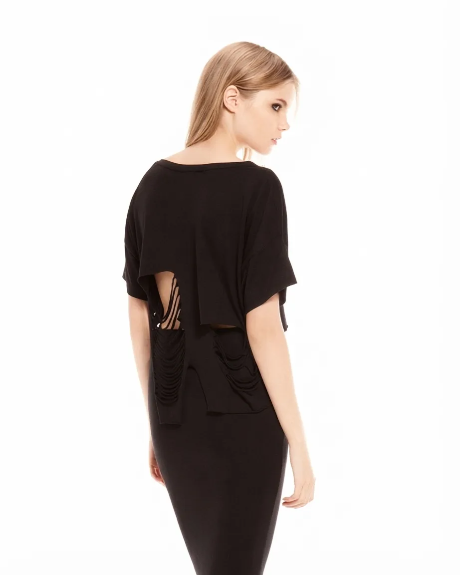 Laser cut-outs and raw finish at the hem of the crop tee