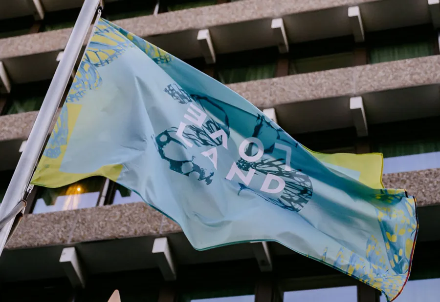 Anniversary flags over the festival terrain