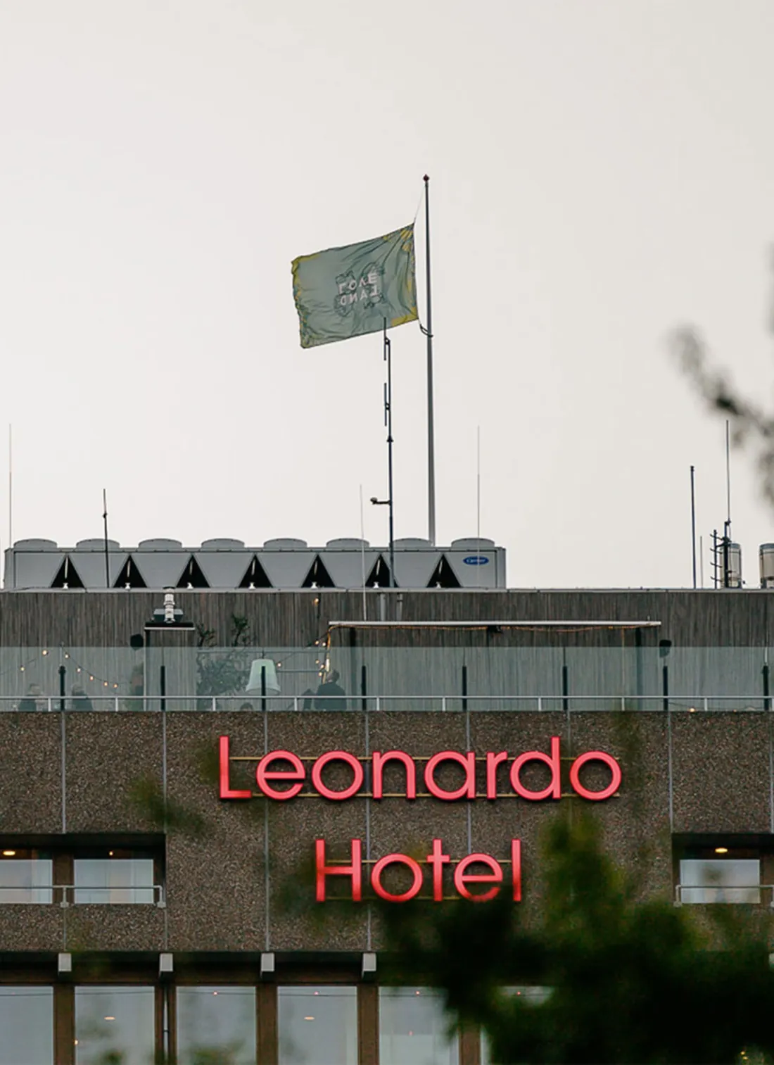 The hotel facade dressed in the anniversary code